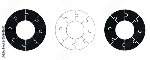 Cicrle blank connected puzzle 8 pieces frame. Frame round circle puzzle pieces. Template shape of Jigsaw puzzle pieces. Stock vector illustration isolated on transparent background.