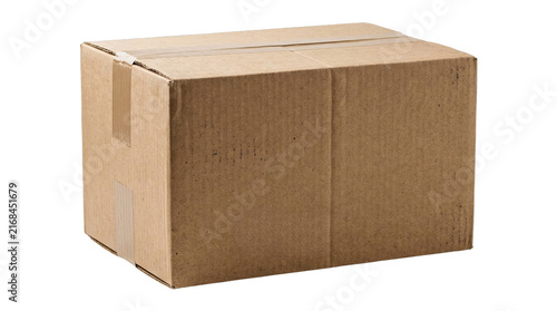 Cardboard box sealed with tape isolated on transparent background, blank brown shipping package mockup for delivery