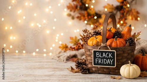 Festive autumn harvest display with pumpkins fall foliage and black friday sale sign