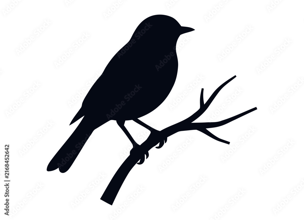 Obraz premium A simple black silhouette of a small bird perched on a thin tree branch isolated on white