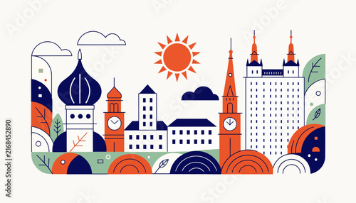 Cityscape Panorama: Iconic Landmarks and Nature Elements in Minimalist Style