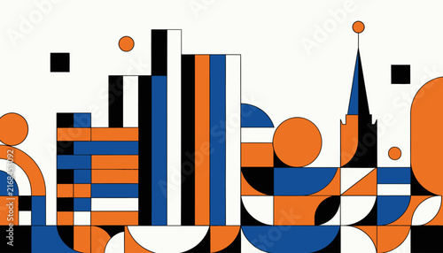Geometric Cityscape Design: Abstract Buildings, Circles, and Squares in Orange, Blue, and White