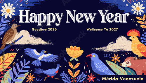 Happy New Year 2027: Festive Birds, Flowers & Wildlife Celebration