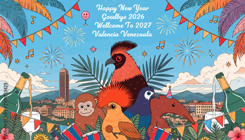Happy New Year 2027 Valencia Venezuela Celebration with Tropical Animals, Fireworks, and Festive Decor