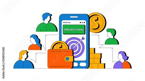 Bild auf Leinwand Crowdfunding project goal vector illustration, mobile donation app concept, onli