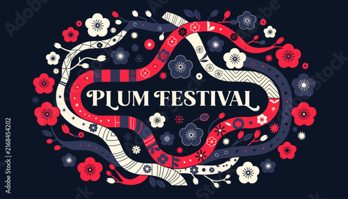 Plum Festival Greeting Card Design with Floral Ornaments and Wavy Ribbons
