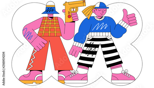 Playful Duo with Toy Gun and Thumbs Up, Abstract Characters, Modern Illustration