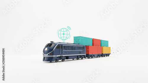 Modern freight train transporting colorful shipping containers with global connectivity symbol illustration