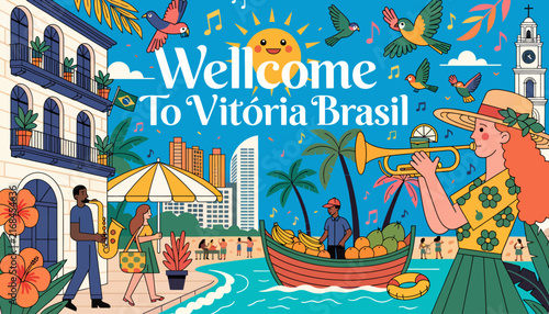 Welcome to Vitoria Brazil Travel Beach Lifestyle Illustration with Music and People