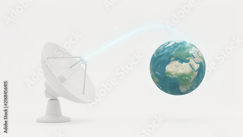 Satellite Dish Pointing Towards Globe Representing Communication and Global Connectivity Across Earth