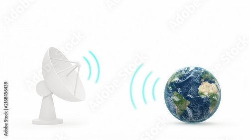 Satellite dish transmitting signals to a globe representing global communication network technology
