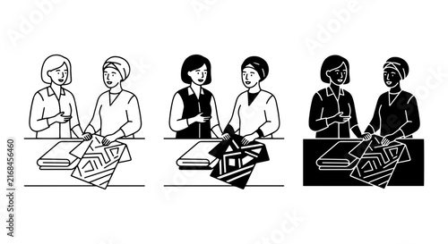 Diverse Women, Retail Interaction, Fashion Display, Vector Icons Set