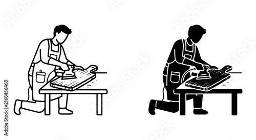 Woodworking Craftsmanship, Carpenter Sanding Wood Surface, DIY Home Improvement Vector Icons