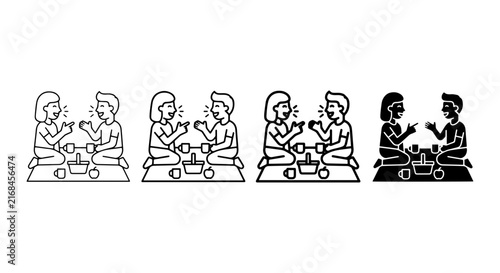 Vector Icons: Two People Enjoying Picnic, Conversation, Outdoor Leisure, Simple Line Art