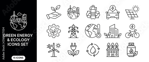 Green energy and ecology line icons set with electric car, solar panel, wind turbine, e-bike, and recycling bottle, vector illustration