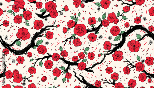 Seamless Floral Pattern: Red Camellia Blossoms on Black Branches, Japanese Art Inspired