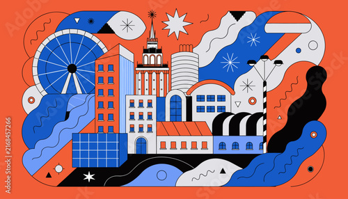 Vibrant Geometric Cityscape Illustration with Ferris Wheel and Abstract Shapes