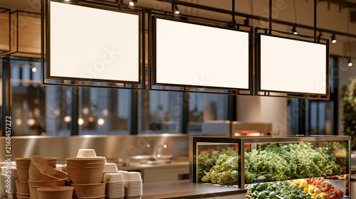 Multiple blank horizontal screen digital menu board mockups hanging overhead in a modern grocery store or fresh food market with produce and bowls.