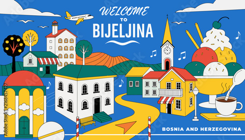 Welcome to Bijeljina, Bosnia and Herzegovina: Vibrant Illustration with Plane, Buildings, Ice Cream, and Coffee