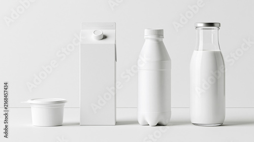 A blank white dairy packaging mockup set including a milk carton, glass bottle, plastic bottle, and yogurt cup isolated on a neutral studio background.