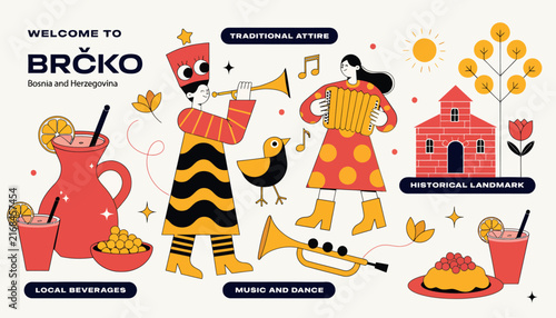 Welcome to Brcko, Bosnia and Herzegovina: Festive Illustration with Traditional Attire, Music, and Local Delights