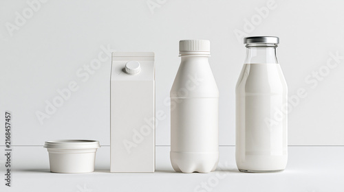 A blank white dairy packaging mockup set including a milk carton, glass bottle, plastic bottle, and yogurt cup isolated on a neutral studio background.