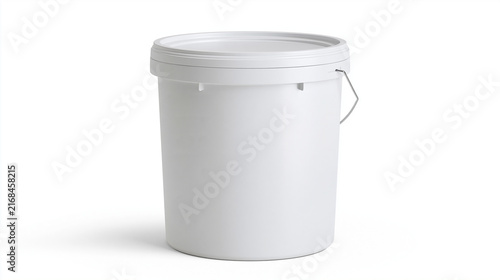 A blank white plastic bucket or pail with a lid and metal handle, isolated on a clean white background for packaging design mockup and branding presentation.