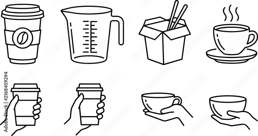 Fototapeta premium Coffee cup measuring jug food box and hand holding mug line art icons set vector cafe restaurant collection