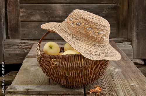 Transparent apples in wicker basket and hat on top. Garden setting. Blurred view on the background. Old wooden floor background. Home garden fruits, autumnal harvesting, realistic countryside scene
