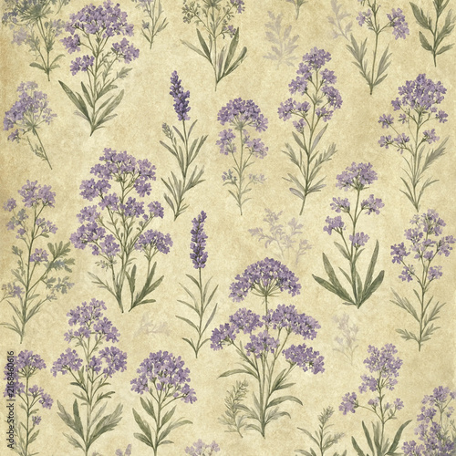  lavender botanical illustrations, delicate roses, ornamental damask fragments, postage marks and aged parchment, cohesive dusty lavender, plum, ivory and beige palette, authentic distressed vintage t