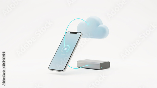 Tapety artystyczne Modern smartphone wirelessly connected to portable charging device with cloud icon representing data syncing or backup