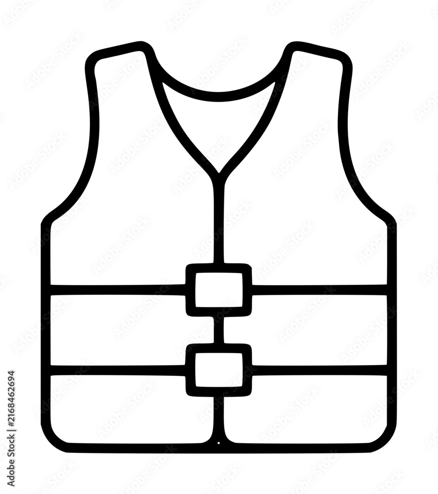 Fototapeta premium Minimalist life jacket vector icon for water safety and maritime rescue. This black and white line art illustration features a personal flotation device with buckles for boating and sailing gear.