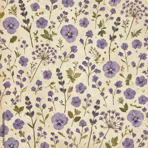  lavender botanical illustrations, delicate roses, ornamental damask fragments, postage marks and aged parchment, cohesive dusty lavender, plum, ivory and beige palette, authentic distressed vintage t