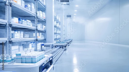 Autonomous robots operate in pharmaceutical warehouse. Automated medicine logistics with copy space