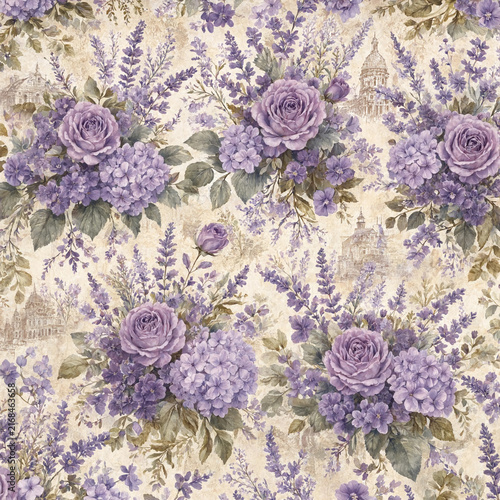  lavender botanical illustrations, delicate roses, ornamental damask fragments, postage marks and aged parchment, cohesive dusty lavender, plum, ivory and beige palette, authentic distressed vintage t