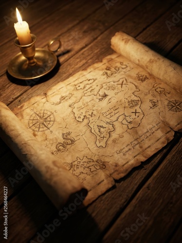 An ancient pirate map lies unfurled on a rustic wooden table glowing softly by the warm light of a brass candle evoking adventure mystery and the search for hidden treasure