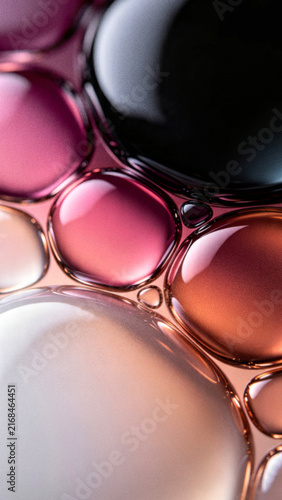 Abstract grainy 3D glass bubbles background with rose gold pink and black holographic gradient vertical composition perfect for premium mobile device wallpapers.