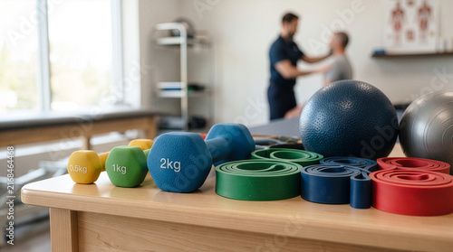 Physical therapy equipment dumbbells resistance bands exercise ball rehabilitation gym close up clinic healthcare therapist patient