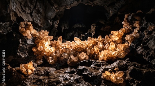 Shimmering crystals illuminated in dark cave environment with rocky texture