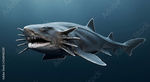 Frilled Shark swimming in deep blue ocean water during underwater exploration with visible teeth and gills