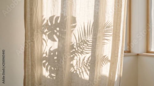 Soft Curtain with Tropical Plant Shadows in Sunlit Interior Space