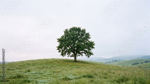 Majestic solitary tree on a grassy hill under a cloudy sky at dawn