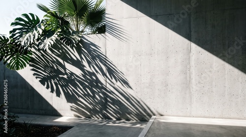 Abstract Shadows of Tropical Leaves on Concrete Wall in Modern Space