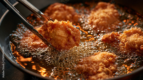 Crispy fried chicken being lifted with tongs from hot bubbling oil in a frying pan, creating a delicious and crunchy meal preparation scene.