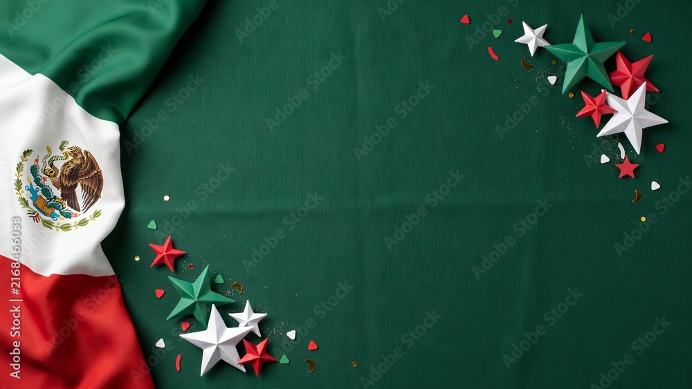 Fototapeta premium Mexican flag with decorative paper stars on a green background for Independence Day and national celebration concepts