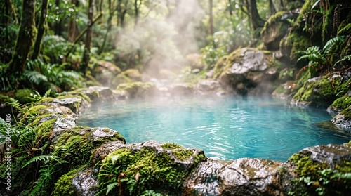 Tranquil Hot Spring Surrounded by Lush Green Forest and Misty Atmosphere