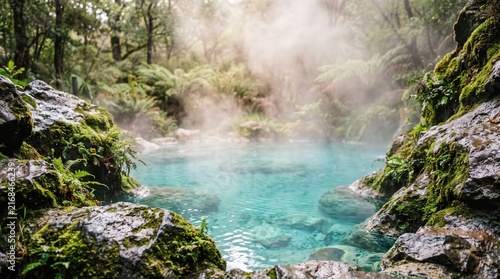Tranquil Hot Spring Surrounded by Lush Greenery and Misty Forest Atmosphere