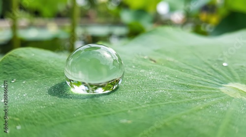 Water Droplet on Green Lotus Leaf with Natural Background in Soft Focus
