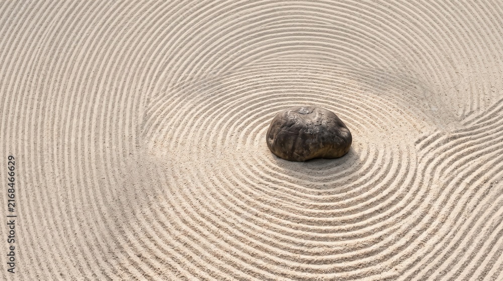 Naklejka premium Smooth Rock on Calm Sand with Spiral Patterns Creating Tranquil Scene