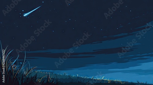 Night sky illustration with falling star and grass silhouette